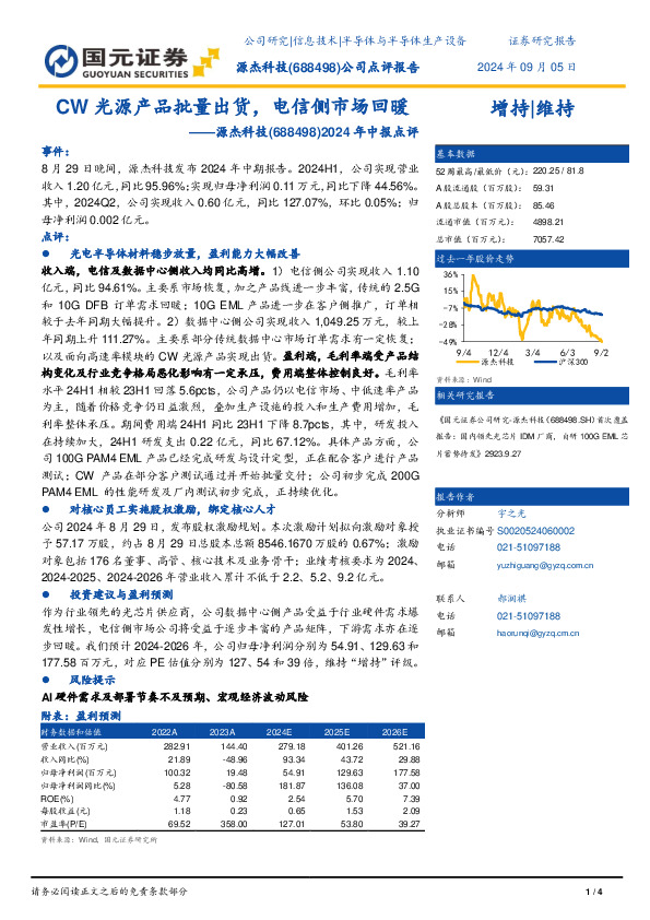 2024年中报点评：CW光源产品批量出货，电信侧市场回暖