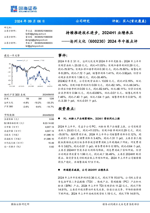 2024年中报点评：持续推进技术进步，2024H1业绩承压