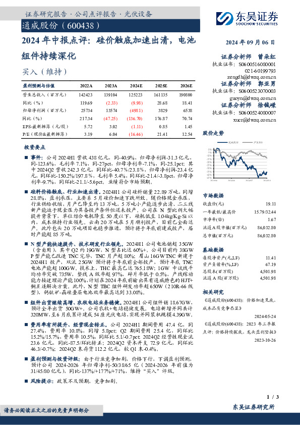 2024年中报点评：硅价触底加速出清，电池组件持续深化