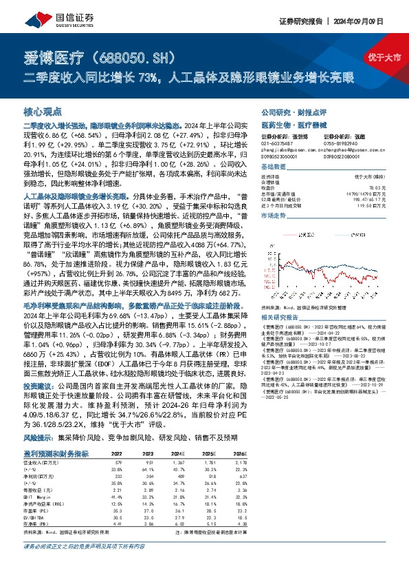 二季度收入同比增长73%，人工晶体及隐形眼镜业务增长亮眼