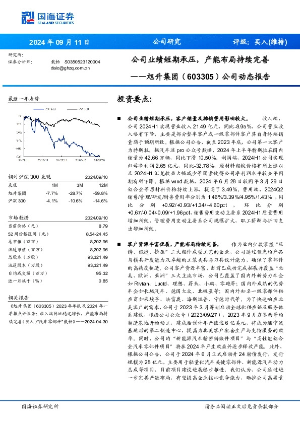 公司业绩短期承压，产能布局持续完善