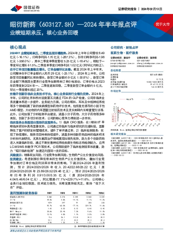 2024年半年报点评：业绩短期承压，核心业务回暖