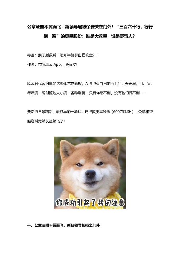 公章证照不翼而飞，新领导层被保安关在门外！“三百六十行，行行蹭一遍”的庚星股份：谁是大救星，谁是野蛮人？