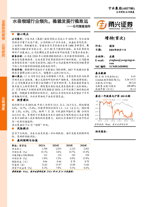 公司深度报告：水表领域行业领先，稳健发展行稳致远