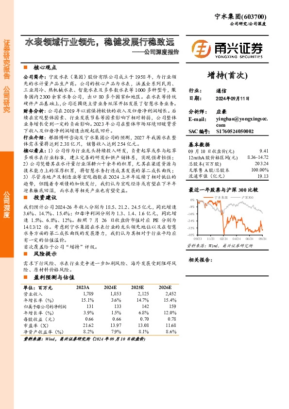 公司深度报告：水表领域行业领先，稳健发展行稳致远