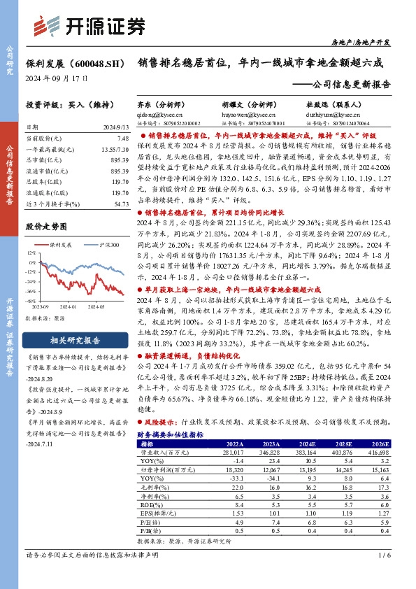 公司信息更新报告：销售排名稳居首位，年内一线城市拿地金额超六成