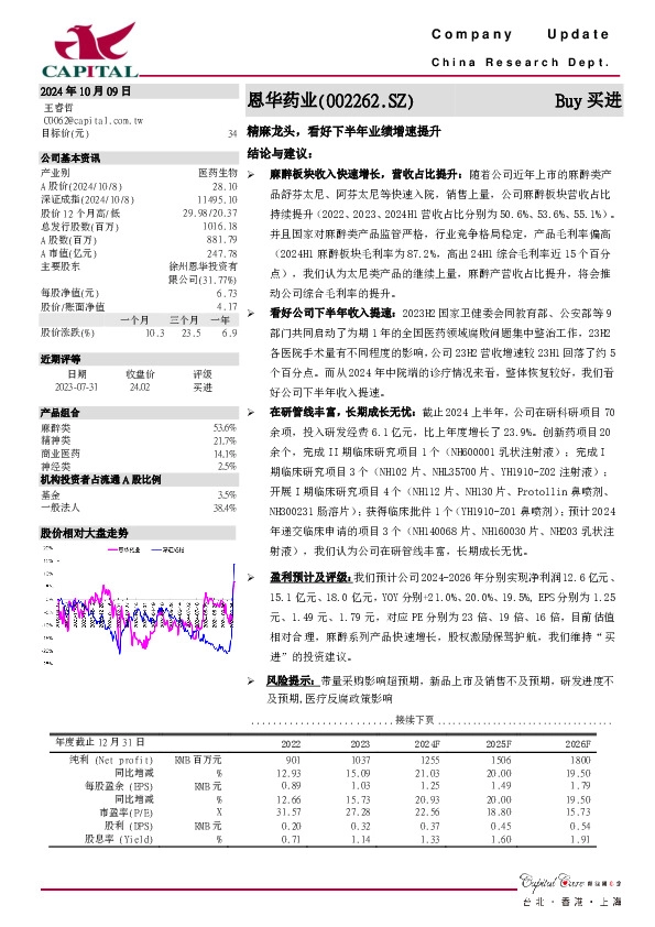 精麻龙头，看好下半年业绩增速提升