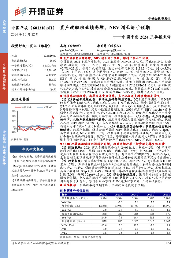 中国平安2024三季报点评：资产端驱动业绩高增，NBV增长好于预期