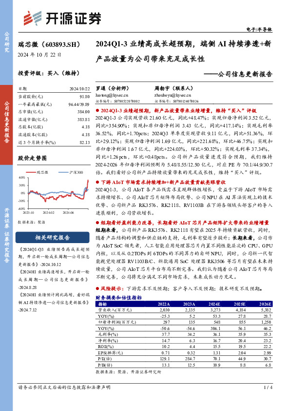 公司信息更新报告：2024Q1-3业绩高成长超预期，端侧AI持续渗透+新产品放量为公司带来充足成长性