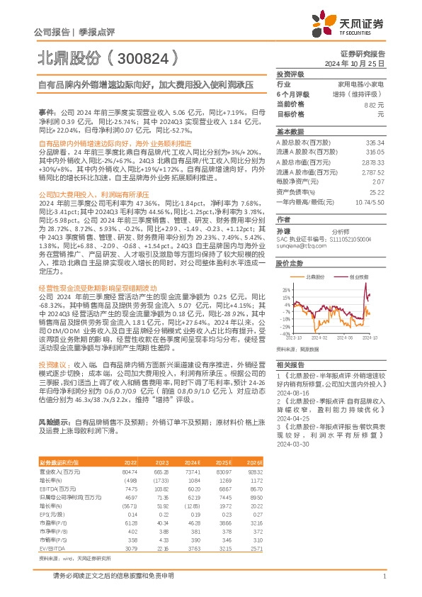 自有品牌内外销增速边际向好，加大费用投入使利润承压