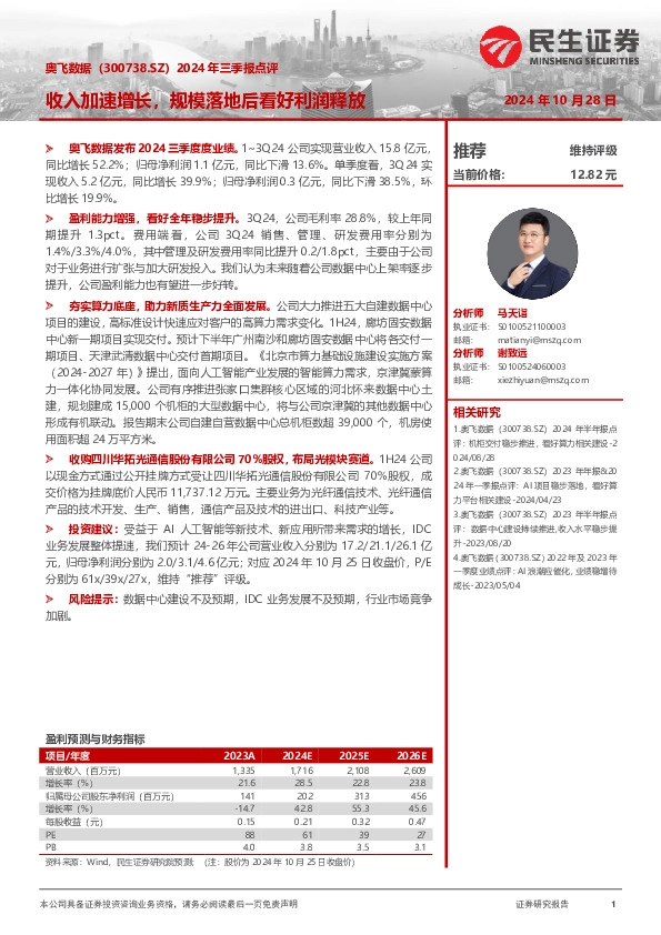 2024年三季报点评：收入加速增长，规模落地后看好利润释放