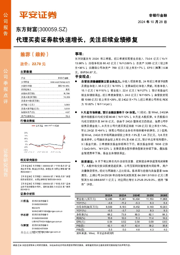 代理买卖证券款快速增长，关注后续业绩修复