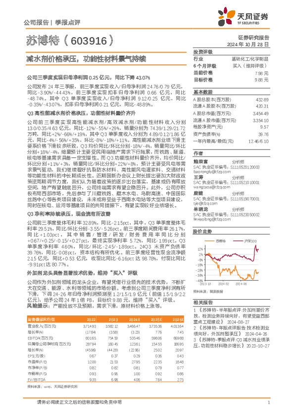 减水剂价格承压，功能性材料景气持续