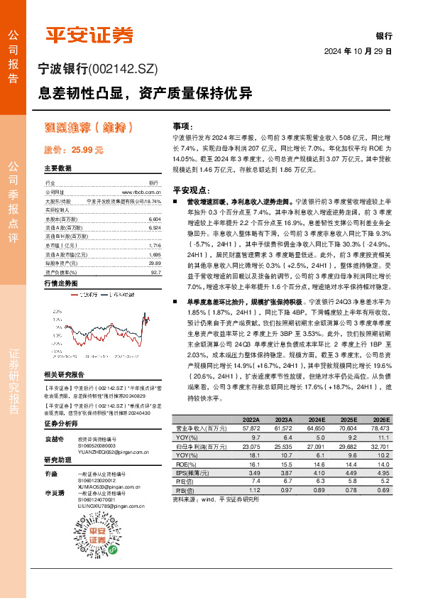息差韧性凸显，资产质量保持优异