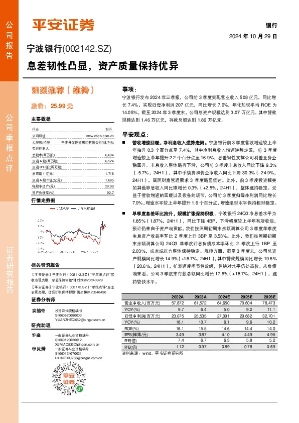 息差韧性凸显，资产质量保持优异