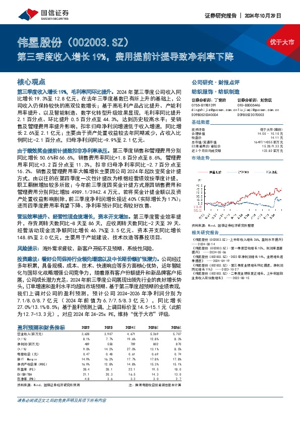 第三季度收入增长19%，费用提前计提导致净利率下降