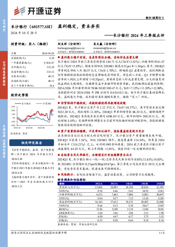 长沙银行 2024 年三季报点评：盈利稳定，资本夯实