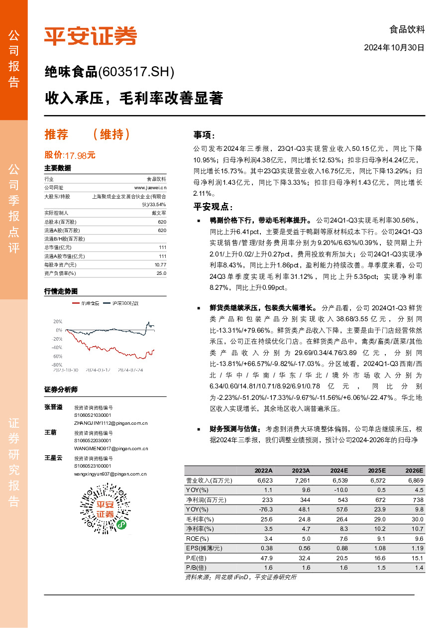 收入承压，毛利率改善显著
