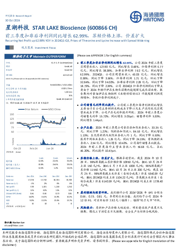 前三季度扣非后净利润同比增长62.99%，苏赖价格上涨，价差扩大