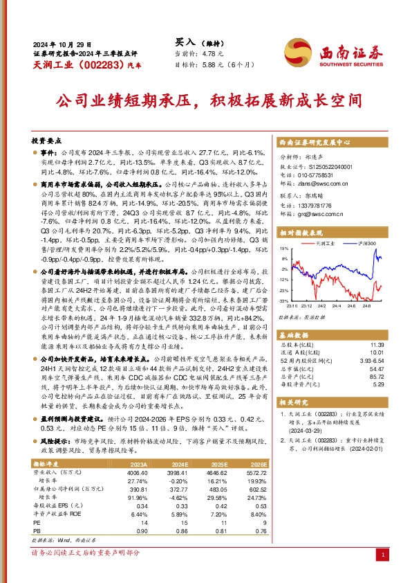 2024年三季报点评：公司业绩短期承压，积极拓展新成长空间