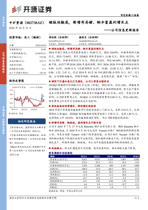 公司信息更新报告：锂板块触底，新增布局锗、铜丰富盈利增长点