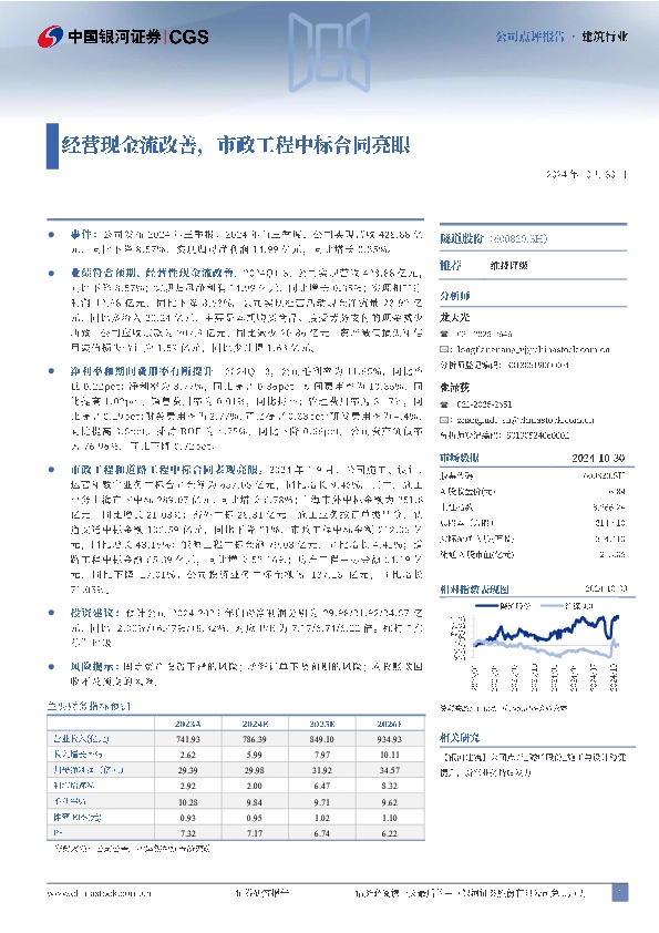经营现金流改善，市政工程中标合同亮眼