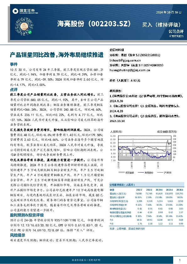 产品销量同比改善，海外布局继续推进