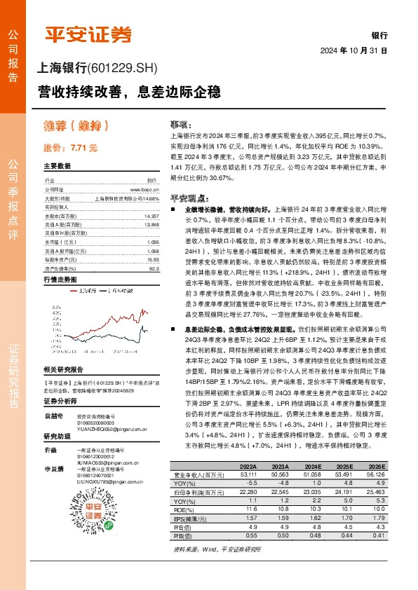 营收持续改善，息差边际企稳