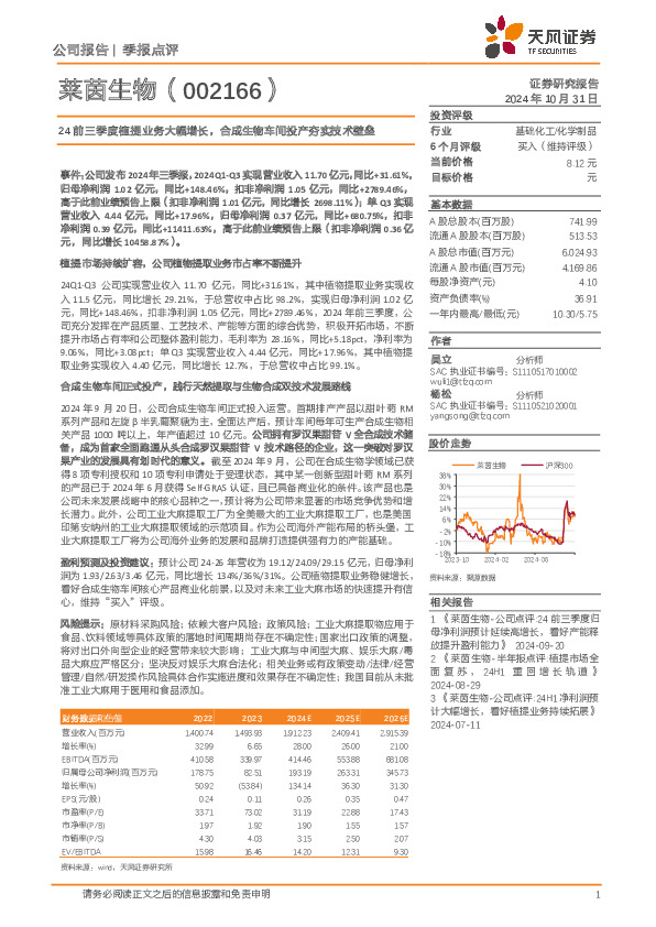 24前三季度植提业务大幅增长，合成生物车间投产夯实技术壁垒
