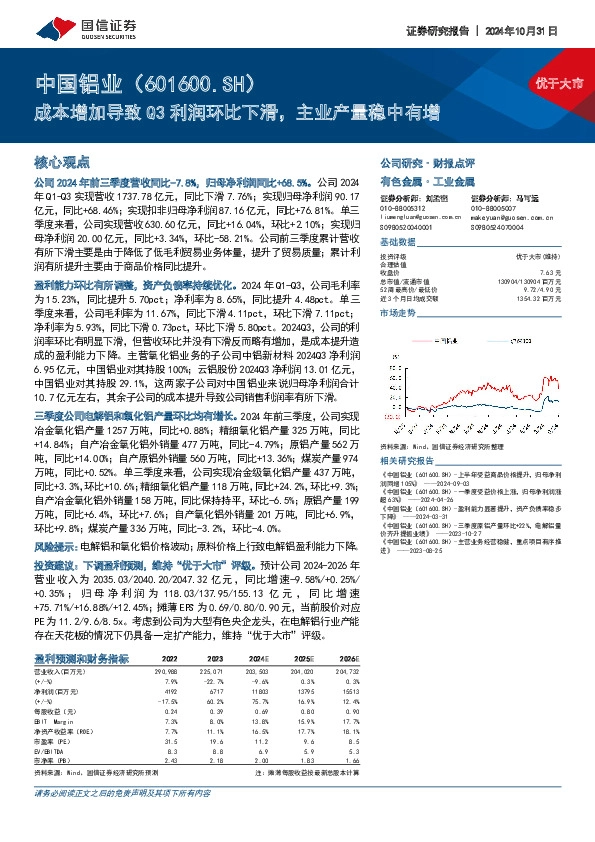 成本增加导致Q3利润环比下滑，主业产量稳中有增