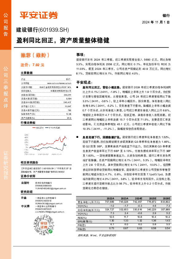 盈利同比回正，资产质量整体稳健