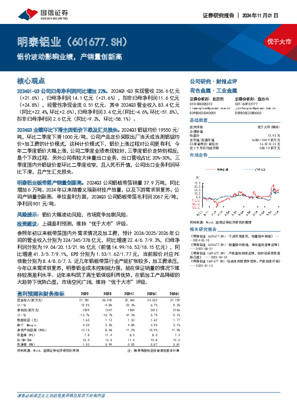 铝价波动影响业绩，产销量创新高