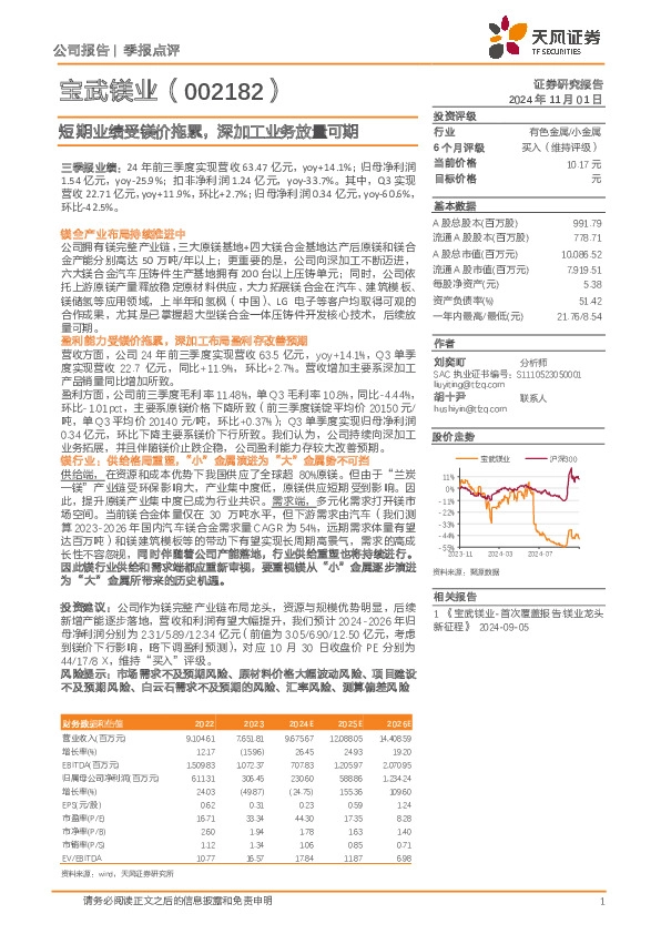 短期业绩受镁价拖累，深加工业务放量可期