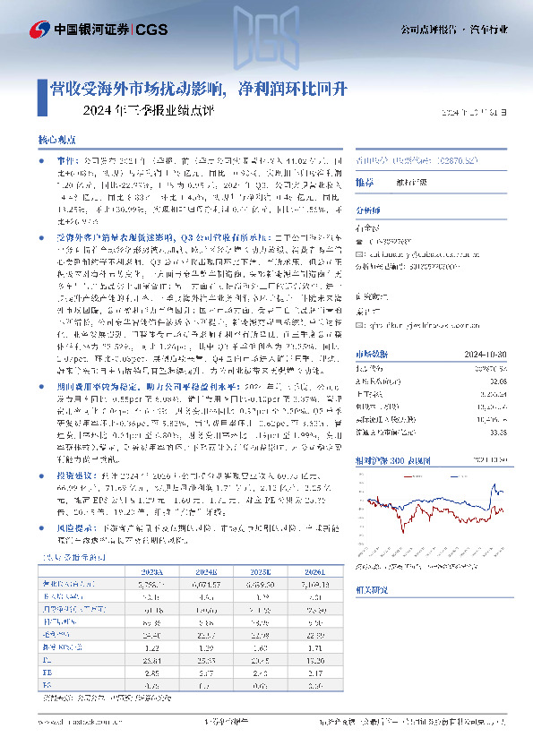 2024年三季报业绩点评：营收受海外市场扰动影响，净利润环比回升