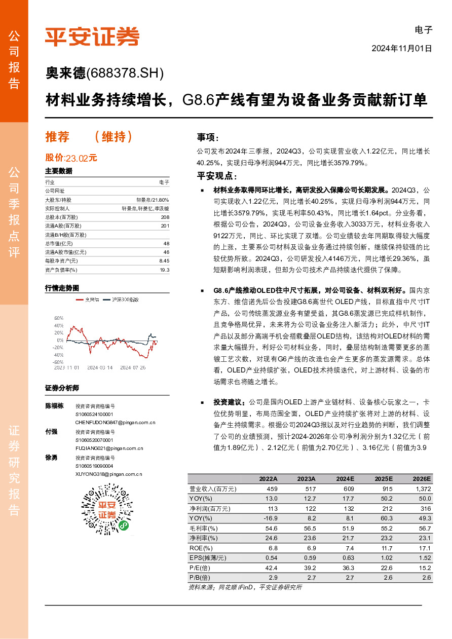 材料业务持续增长，G8.6产线有望为设备业务贡献新订单
