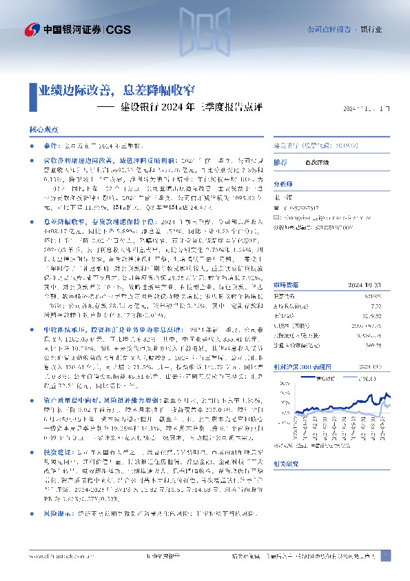 建设银行2024年三季度报告点评：业绩边际改善，息差降幅收窄