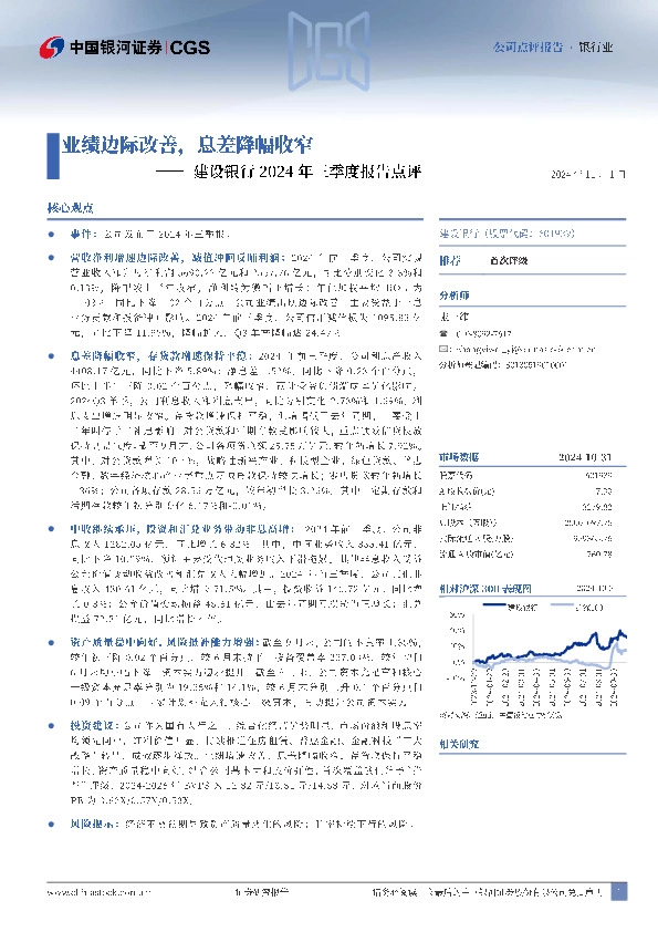 建设银行2024年三季度报告点评：业绩边际改善，息差降幅收窄