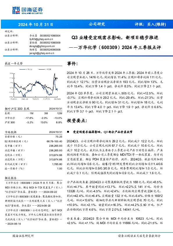 2024年三季报点评：Q3业绩受宏观需求影响，新项目稳步推进