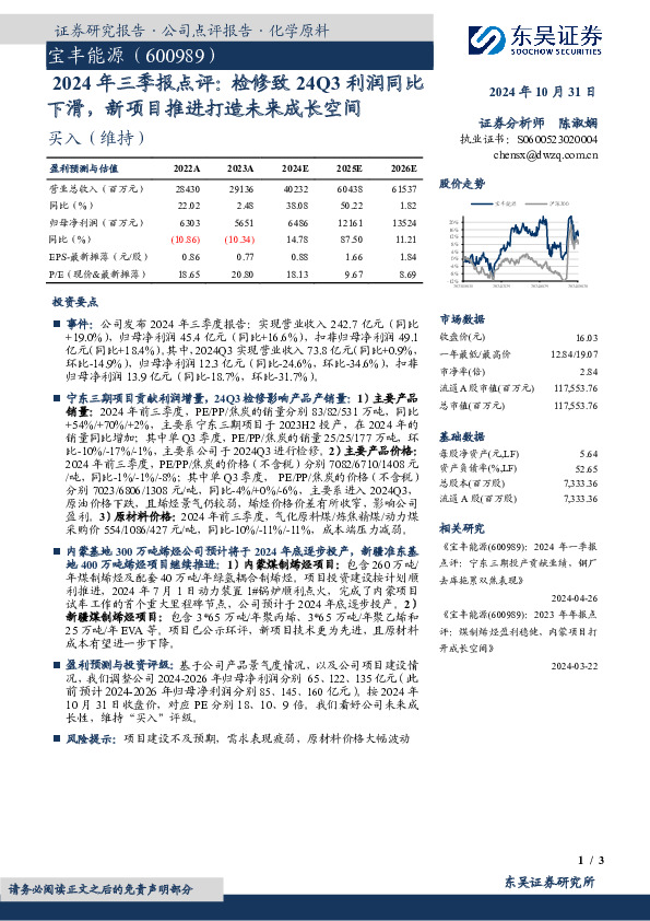 2024年三季报点评：检修致24Q3利润同比下滑，新项目推进打造未来成长空间