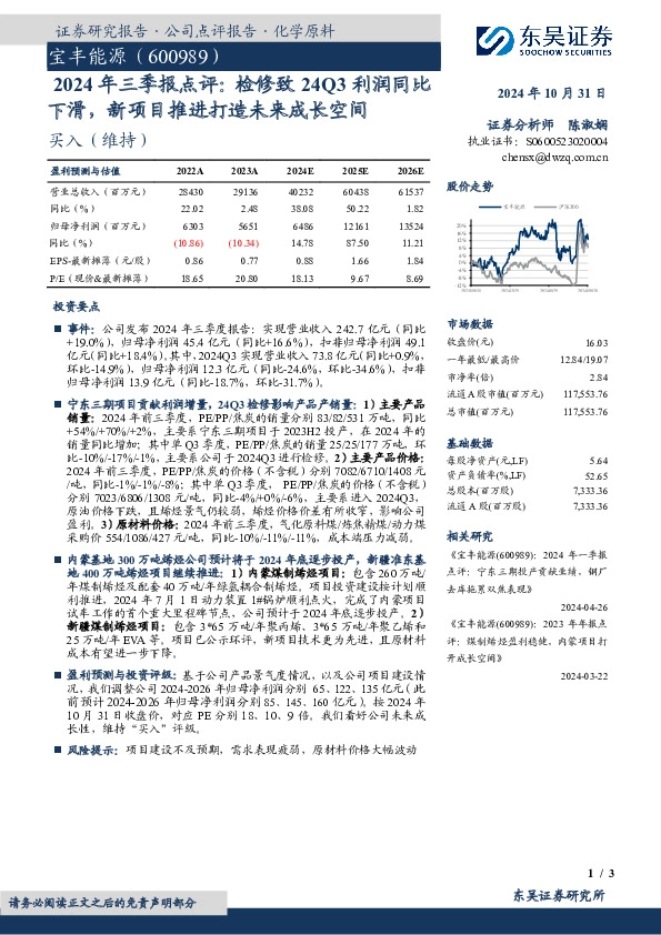 2024年三季报点评：检修致24Q3利润同比下滑，新项目推进打造未来成长空间