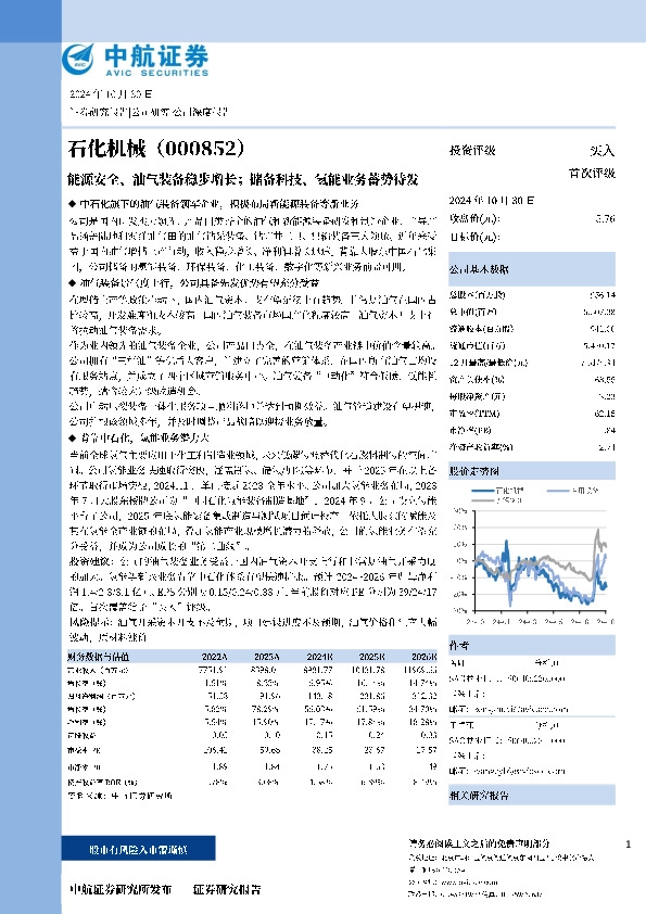 能源安全、油气装备稳步增长；储备科技、氢能业务蓄势待发