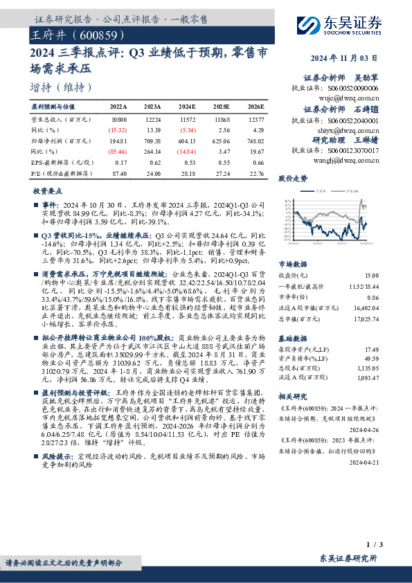 2024三季报点评：Q3业绩低于预期，零售市场需求承压