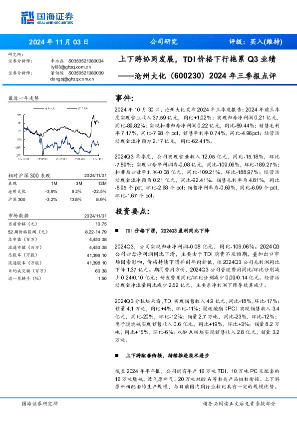 2024年三季报点评：上下游协同发展，TDI价格下行拖累Q3业绩