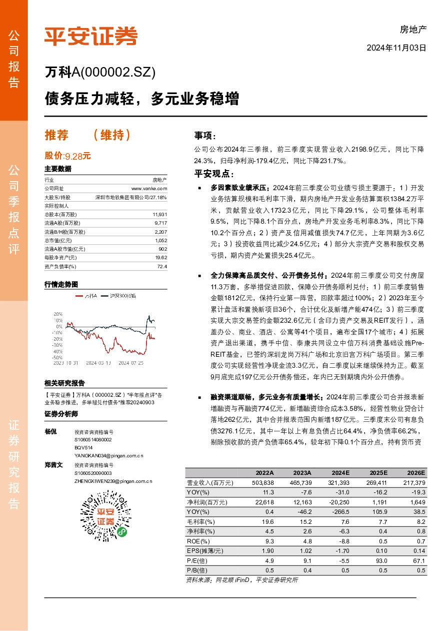 债务压力减轻，多元业务稳增