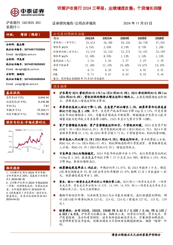 详解沪农商行2024三季报：业绩增速改善；个贷增长回暖
