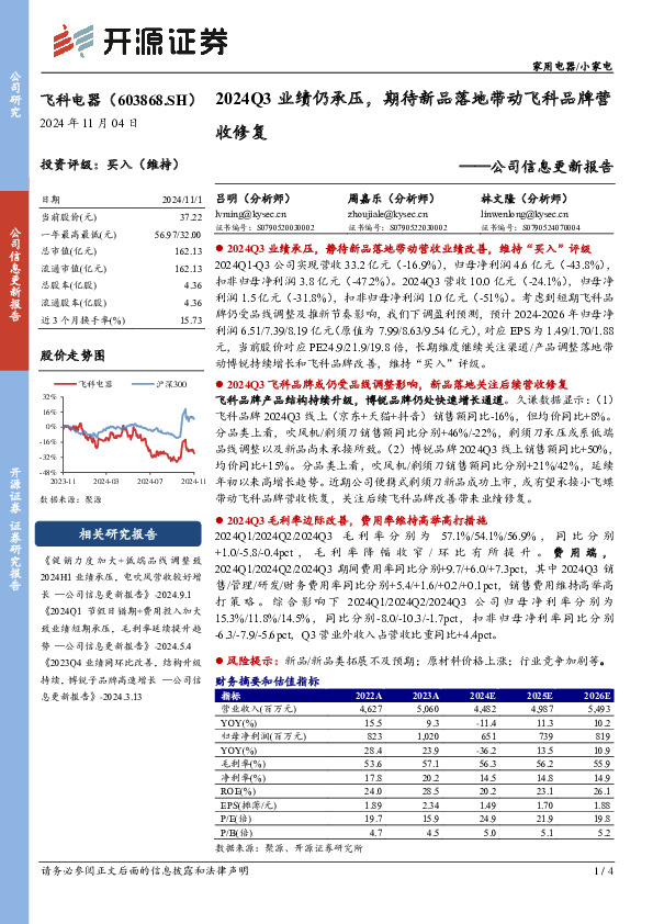 公司信息更新报告：2024Q3业绩仍承压，期待新品落地带动飞科品牌营收修复