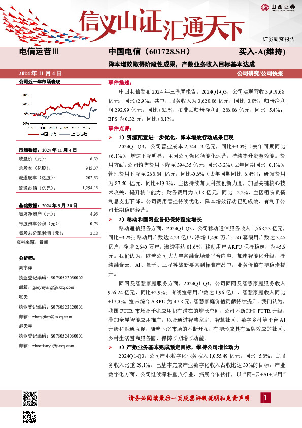 降本增效取得阶段性成果，产数业务收入目标基本达成