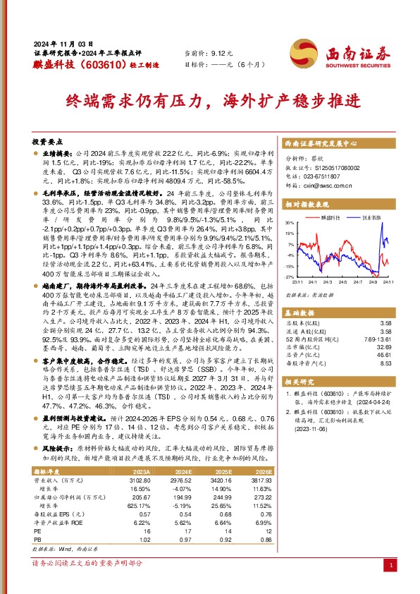 2024年三季报点评：终端需求仍有压力，海外扩产稳步推进