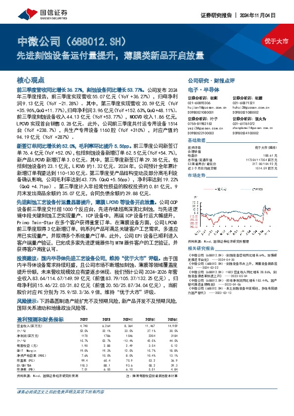 先进刻蚀设备运付量提升，薄膜类新品开启放量