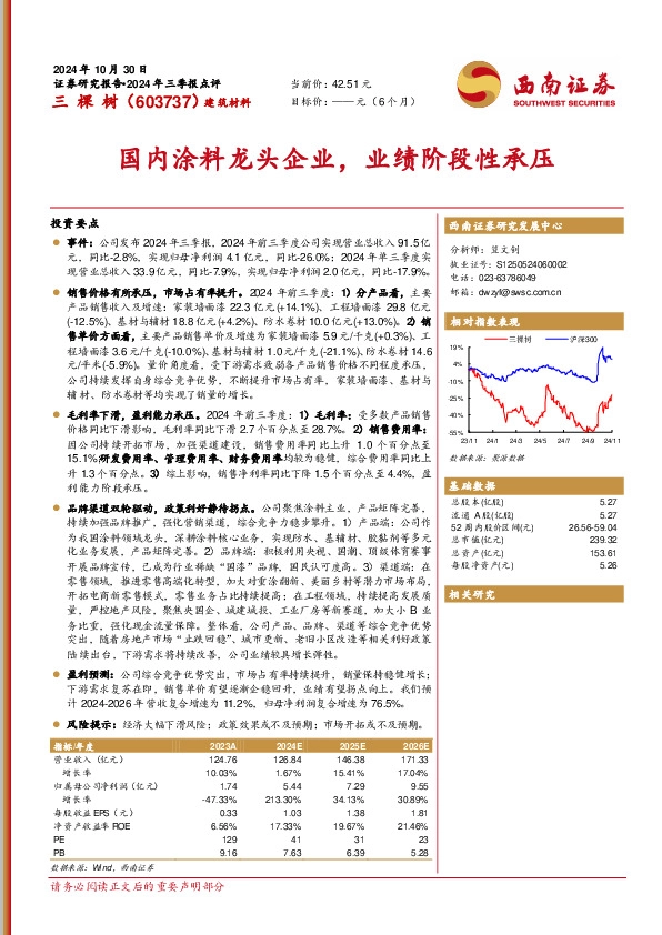 国内涂料龙头企业，业绩阶段性承压